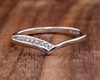 V Shape Pave Set CZ One Side Silver Ring, Stackable Wishbone Ring, Chevron Thumb Midi Pinky Solid 925 Sterling Silver V Ring
