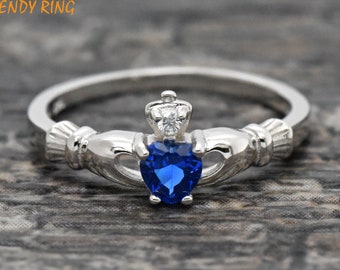 Heart CZ Claddagh Wedding Ring, Synthetic Sappahire Blue CZ September Birthstone Irish Claddagh Ring, Kids Girls Womens Claddagh Ring