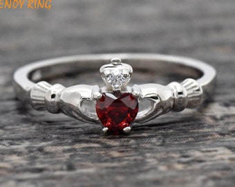 Heart Claddagh Wedding Ring Silver | Synthetic Dark Red Garnet CZ Janaury Birthstone Irish Claddagh Ring | Kids Girls Womens Claddagh Ring