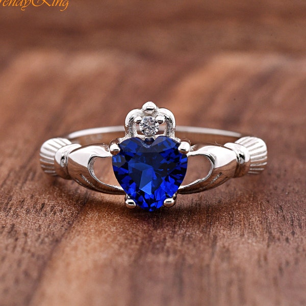 Celtic Claddagh with September Birthstone Blue Heart CZ Silver Ring, Traditional Irish Friendship Ring, Birthday Gift, Anniversary Ring