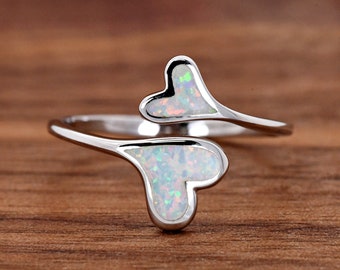 Solid 925 Sterling Silver Minimalist Opal Inlay Hearts Open Adjustable Midi Thumb Ring Size 5-10