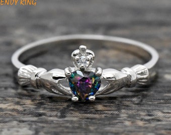 Synthetic Rainbow CZ July Birthstone Irish Claddagh Ring | Silver Kids Girls Womens Claddagh Ring | Mystic Topaz CZ Claddagh Promise Ring