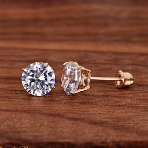Solid 14K Yellow Gold Studs Screw Back Earrings, Toddler Kids Girls Teens Womens Round CZ Prong Set Gold Earrings Pair, 2mm - 7mm Gold Studs