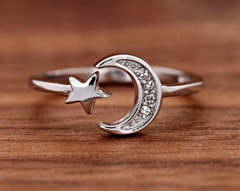 Solid 925 Sterling Silver 7mm Crescent Moon and Star Open Adjustable Ring | Wraparound Moon Star Celestial Ring | Silver Thumb Ring