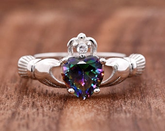 Mystic Topaz Rainbow Color CZ Claddagh Ring, Celtic Claddagh Silver Ring, Irish Friendship Anniversary Ring, Friendship Ring, Birthday Gift