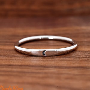 Dainty Tiny Crescent Moon Engraved Ring, Signet Style 2mm Band with Crescent Moon Ring, Solid 925 Sterling Silver Womens Moon Ring