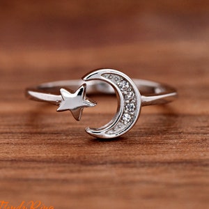 Solid 925 Sterling Silver 7mm Crescent Moon and Star Open Adjustable Ring | Wraparound Moon Star Celestial Ring | Silver Thumb Ring