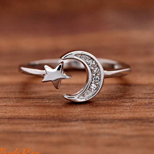 Solid 925 Sterling Silver 7mm Crescent Moon and Star Open Adjustable Ring | Wraparound Moon Star Celestial Ring | Silver Thumb Ring