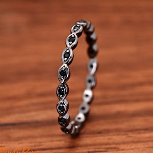 Women Black Eternity Ring, CZ Full Eternity Band, Skinny 2mm Solid 925 Sterling Silver Stackable Thumb Midi Ring, Thin Engagement Ring Band