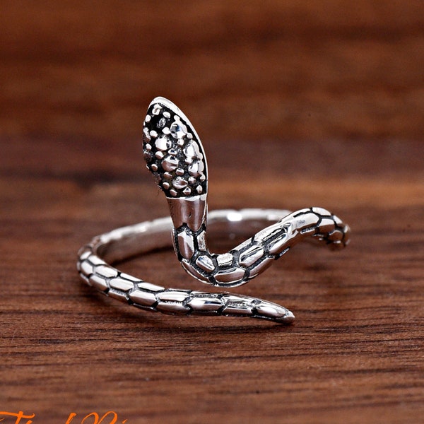 Vintage Gothic Style Oxidized Sterling Silver Serpent Snake Open Ring | Snake Wraparound Adjustable Size Ring | Serpent Snake Thumb Ring