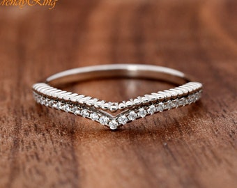 Double Layered CZ Bead Wishbone Ring | Clear CZ Prong Set Ball Two Line V Shape Ring | Stackable Unique Chevron Womens Thumb Ring