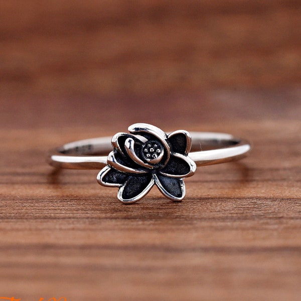 Solid 925 Sterling Silver Water Lily Flower Vintage Antique Style Statement Ring Size 4-10