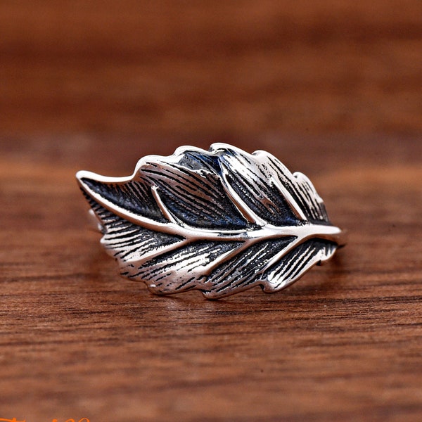 Vintage Oxidized Solid 925 Sterling Silver Sideways Leaf Carved Ring Everyday Jewelry Nature Theme Size 5-10