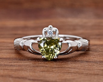 Solid 925 Sterling Silver August Birthstone Olive Peridot Color Heart CZ Celtic Traditional Claddagh Ring Girls Womens Jewelry Size 4-12