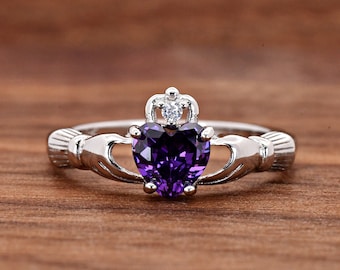 Celtic Claddagh with February Birthstone Purple Heart CZ Silver Ring, Traditional Irish Friendship Symbol Ring, Fede Fáinne Chladaigh Ring