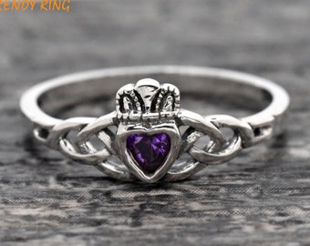 Celtic Knot Heart Claddagh Wedding Ring | Synthetic Purple Amethsyt CZ February Birthstone Claddagh Ring | Kids Girls Claddagh Knot Ring