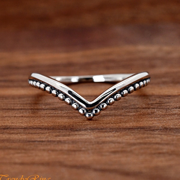 Minimalist Solid 925 Sterling Silver Bali Style Bead and High Polished Double Layer V Shape Chevron Wishbone Stackable Ring Size 3-12