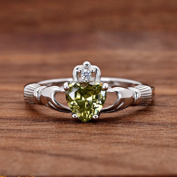 Solid 925 Sterling Silver August Birthstone Olive Peridot Color Heart CZ Celtic Traditional Claddagh Ring Girls Womens Jewelry Size 4-12