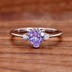 Heart Light Purple Cubic Zirconia Sterling Silver Ring, Simulated June Birthstone Lavender Color CZ Sterling Silver Girls Teens Womens Ring