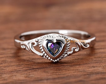 Solid 925 Sterling Silver 4mm Rainbow Color Heart CZ Bezel Set Rope Filigree Baby Girls Childrens Teens Ring Jewelry