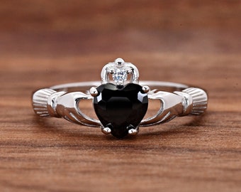 Solid 925 Sterling Silver Simulate Black Onyx Color Heart CZ Celtic Traditional Claddagh Ring Baby Girls Childrens Teens Jewelry Size 3-13