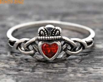 925 Sterling Silver Celtic Knot Claddagh Promise Ring Womens Wedding Band Engagement Anniversary Synthetic Garnet CZ January Birthstone