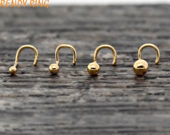 Dainty Solid 14K Gold Nose Ball Stud Screw End, 23 Gauge 14kt Gold Ball Nose Studs, 1.5mm, 2mm, 2.5mm, 3mm Ball Nose Stud Left Screw Hook