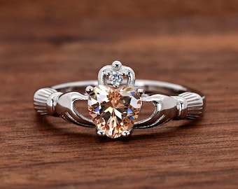 Celtic Anniversary Ring,  Celtic Claddagh with November Birthstone Champagne Peach Topaz Heart CZ Silver Ring, Traditional Irish Symbol Ring