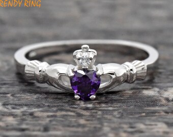 Solitaire Heart CZ Claddagh Wedding Ring, Synthetic Amethyst Purple CZ Feburary Birthstone Irish Claddagh Ring, Womens Claddagh Promise Ring