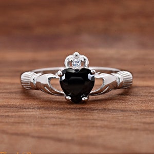 Solid 925 Sterling Silver Simulate Black Onyx Color Heart CZ Celtic Traditional Claddagh Ring Baby Girls Childrens Teens Jewelry Size 3-13