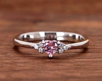 925 Sterling Silver 4mm Dainty October Birthstone Pink Heart Cubic Zirconia with Clear CZ Sides Girls Womens Birthday Ring Size 4-10