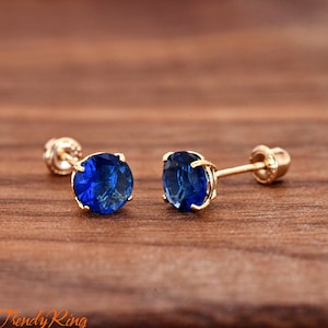 14 Karat Gold 2mm 3mm 4mm 5mm 6mm September Birthstone Blue Sapphire Color CZ Basket Set Stud Screw Back Earrings Girls Children Womens Pair