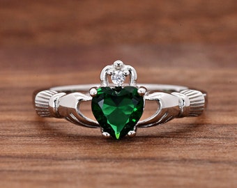 925 Sterling Silver May Birthstone Green Emerald Color Heart CZ Celtic Traditional Claddagh Ring Girls Childrens Womens Jewelry Size 3-13
