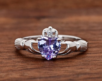 June Birthstone Heart CZ Sterling Silver Claddagh Pendant - Alexandrite Cubic Zirconia, 925 Silver, Gift Ready