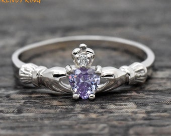 925 Sterling Silver Heart Claddagh Wedding Ring | Synthetic Light Purple Lavender CZ June Birthstone Irish Claddagh Ring | Claddagh Ring