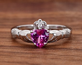 Solid 925 Sterling Silver October Birthstone Rose Pink Color Heart CZ Celtic Traditional Claddagh Ring Girls Childrens Womens Size 4-12