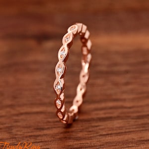 Rose Gold Plated Solid 925 Sterling Silver 2mm Thin Oval Shape Eternity Band with Round Clear CZ Stackable Midi Thumb Ring Size 4-12