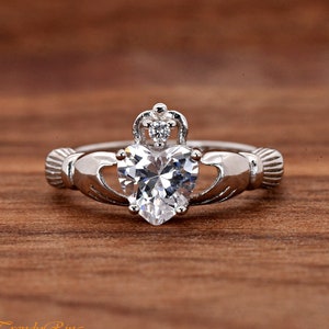 14k White Gold April Clear CZ Heart Claddagh Ring 14k White Gold April Clear CZ Heart Claddagh Ring