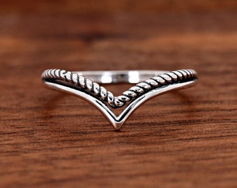 Minimalist Solid 925 Sterling Silver Rope Twist and High Polished Double Layer V Shape Chevron Wishbone Stackable Ring Size 4-12