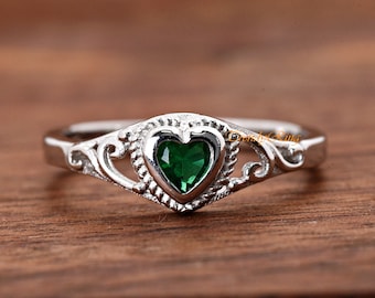Solid 925 Sterling Silver 4mm May Birthstone Emerald Green Color Heart CZ Bezel Set Rope Filigree Baby Girls Childrens Teens Ring Jewelry