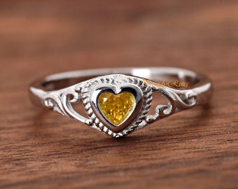 Solid 925 Sterling Silver 4mm November Birthstone Yellow Topaz Color Heart CZ Bezel Set Rope Filigree Baby Girls Childrens Teens Ring Gift