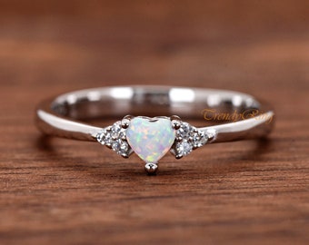 925 Sterling Silver 4mm Small White Opal Heart CZ with Clear CZ Sides Girls Womens Birthday Ring Size 4-10