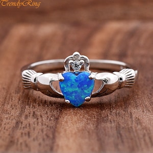 Blue Opal Celtic Claddagh CZ Silver Ring, Traditional Irish Friendship Symbol Ring, Fede Ring, Birthday Gift Ideas, Lab Created Blue Opal