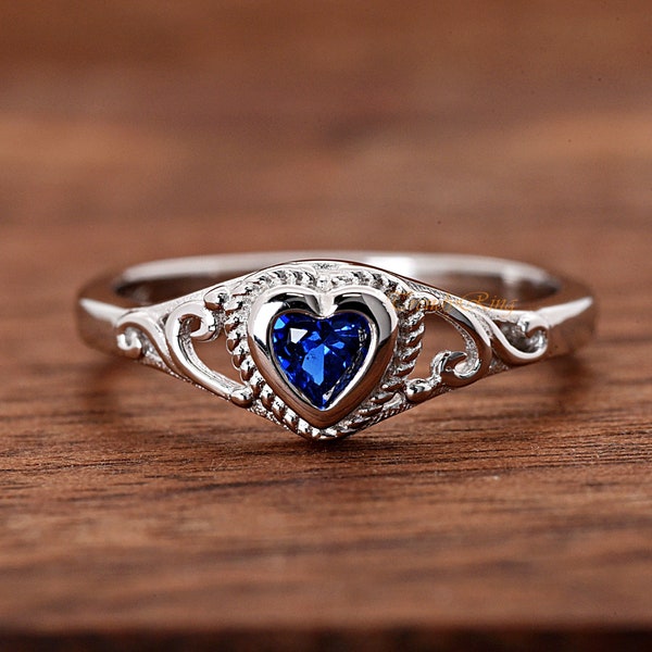 Solid 925 Sterling Silver 4mm September Birthstone Blue Sapphire Color Heart CZ Bezel Set Rope Filigree Baby Girls Childrens Teens Ring