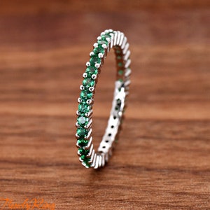 Solid 925 Sterling Silver 2mm Thin Shared Prong Set May Birthstone Emerald Green Color CZ Full Eternity Ring Stackable Jewelry Size 5-12
