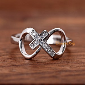 Minimalist Delicate Pave Set CZ Cross Infinity Ring, Womens Promise Ring, Ladies Simple Sterling Silver CZ Infinity Symbol Statement Ring