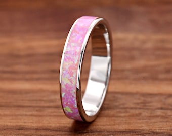 Solid 925 Sterling Silver 4mm Width Pink Opal Inlay Wedding Ring Band / Pink Opal Promise Ring / Women's Pink Opal Anniversary Ring / Gift