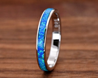 Solid 925 Sterling Silver Minimalist Blue Opal Inlay 3mm Wedding Band | Opal Engagement Ring | Women's Opal Promise Ring | Anniversary Ring