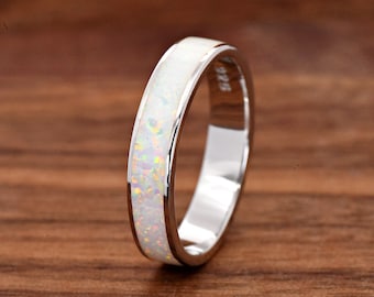 Solid 925 Sterling Silver 4mm Width White Opal Inlay Ring Band / Opal Promise Ring / Women's October Birthstone Opal Ring / Anniversary Gift