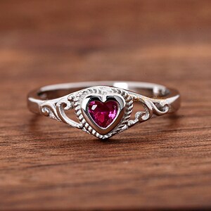 Solid 925 Sterling Silver 4mm July Birthstone Red Ruby Color Heart CZ Bezel Set Rope Filigree Baby Girls Childrens Teens Ring Jewelry